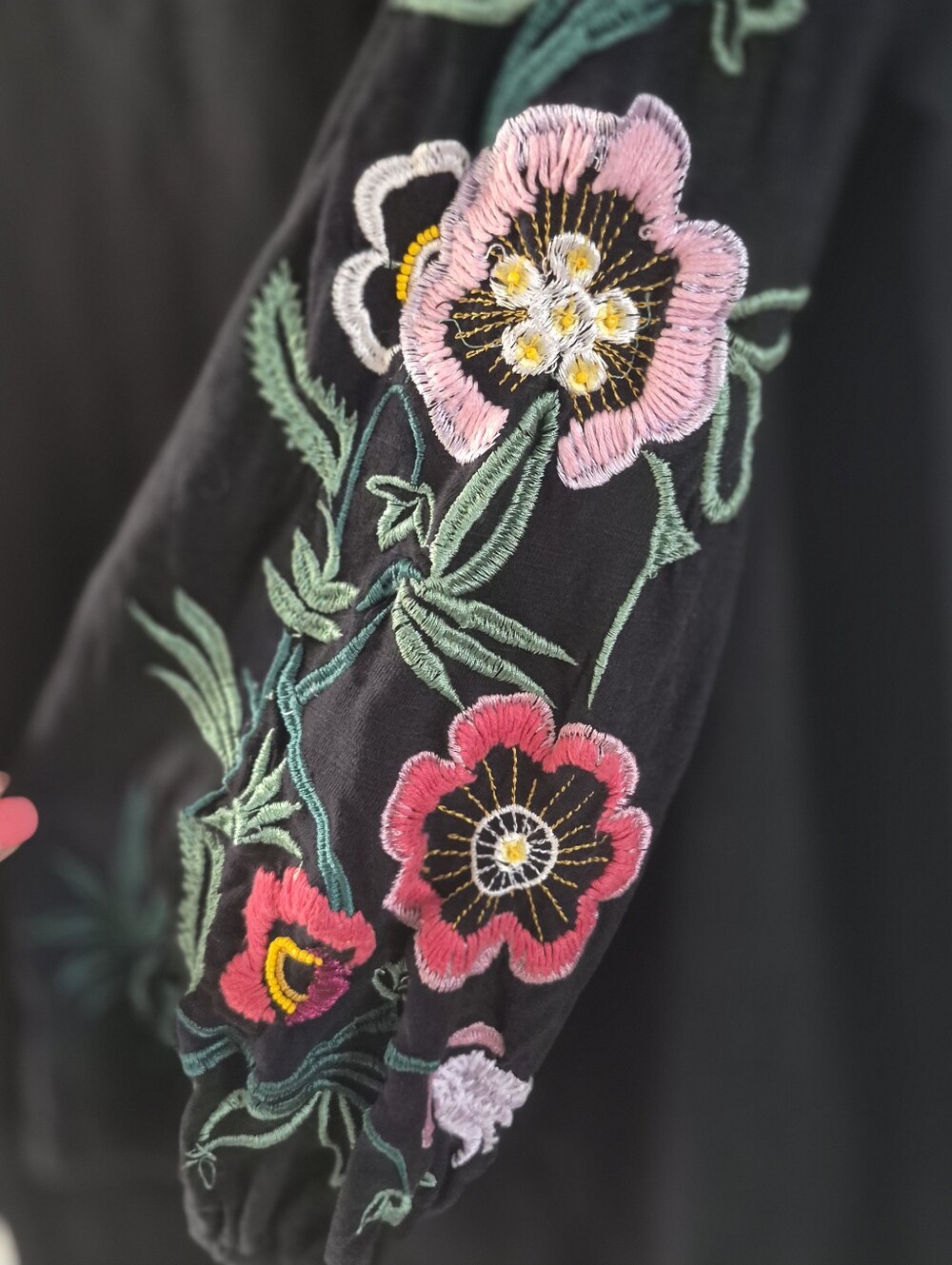 Anthropologie Black Peasant Blouse with Embroidered Floral Sleeves - Picture 7 of 7
